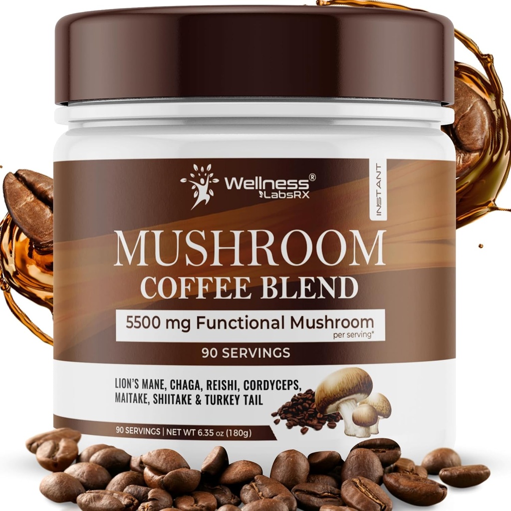 Organic Mushroom Coffee Blend with Lions Mane, Chaga, Reishi - Colombian Keto Coffee with 7 Superfood Mushrooms - Wellness LabsRX, 90 Servings