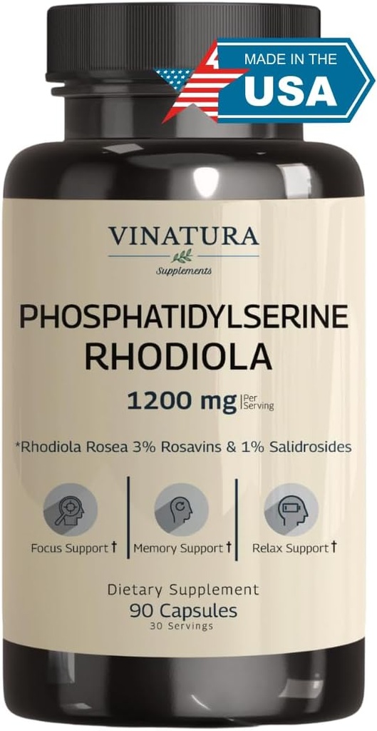 300mg PhosphatidylSerine Capsules with Rhodiola Rosea - 90 Capsules, 45 Servings - VINATURA