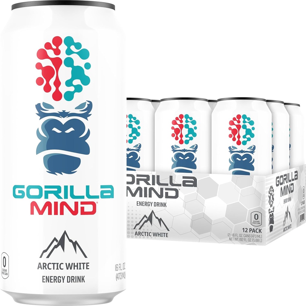Gorilla Mind Energy Drink - High-Energy Formula with Nootropics for Focus - Sugar-Free, 16oz, 12-Pack - Arctic White