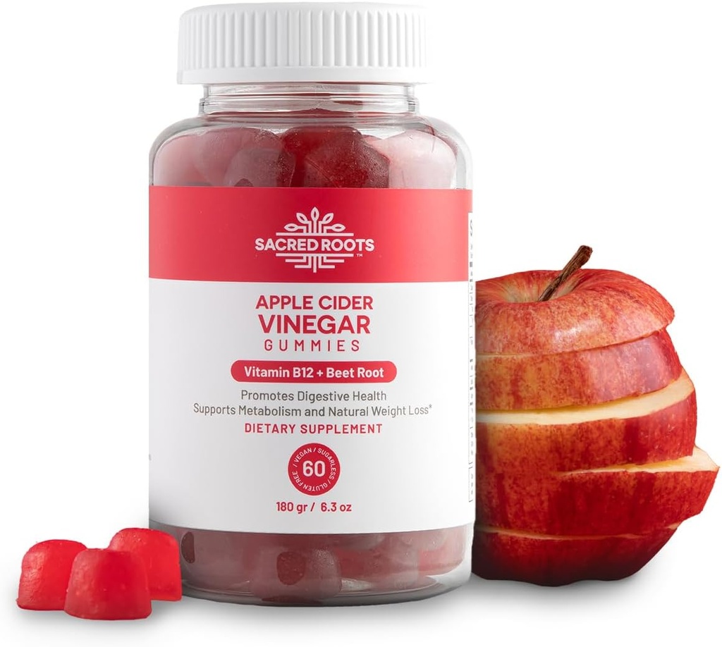 Organic Apple Cider Vinegar Gummies with Vitamin B12 and Beetroot Powder - Vegan, Sugar-Free, Non-GMO & Gluten-Free - Made in USA (30 Servings)