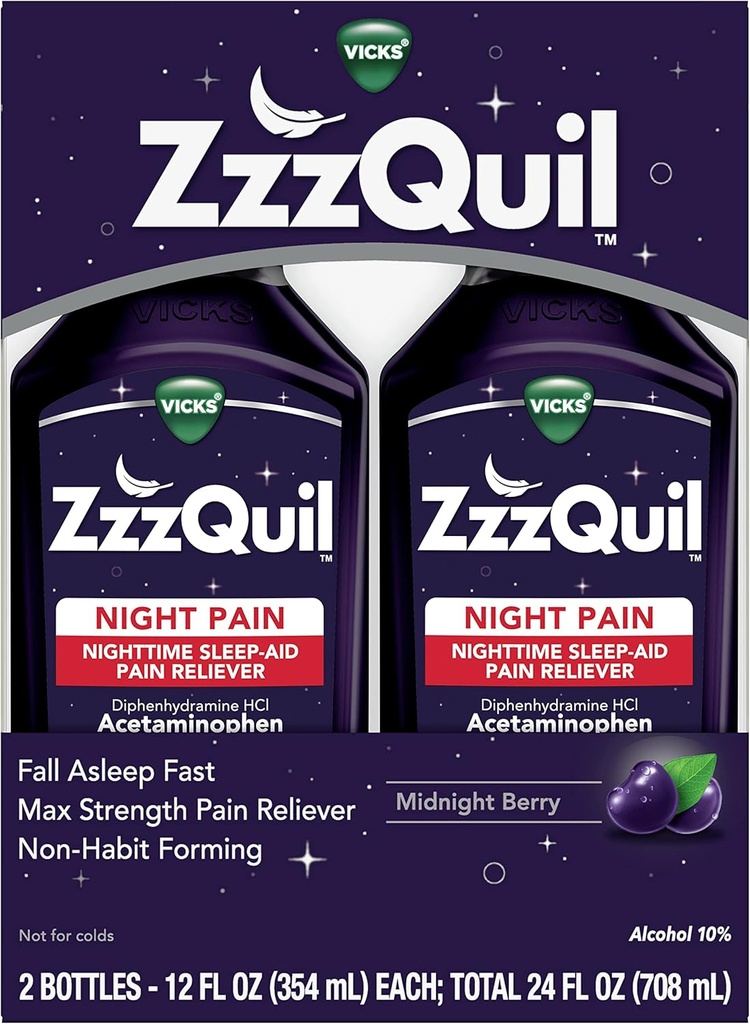 Max Strength ZzzQuil Liquid Pain Reliever & Sleep Aid, Midnight Berry, 1000mg Acetaminophen, 50mg Diphenhydramine HCI, Non-Habit Forming, 2 Pack - 24 FL OZ