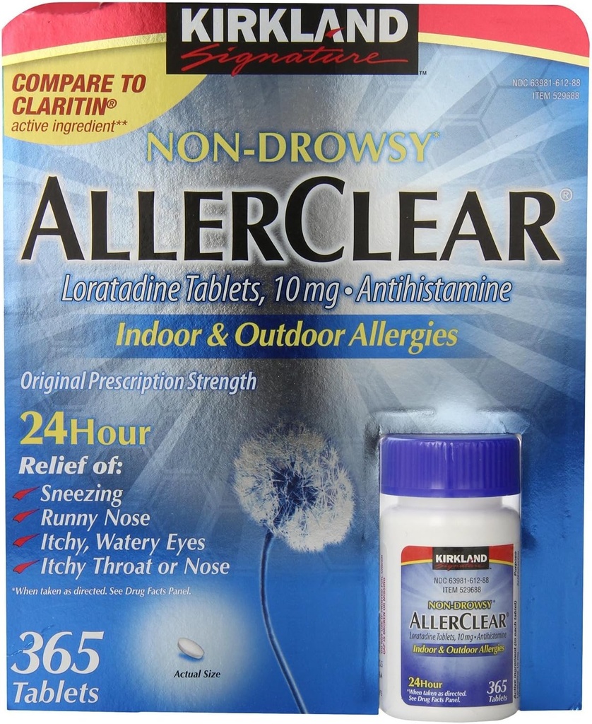 Kirkland Signature Non-Drowsy Allerclear Loratadine Tablets 10mg - Mega Pack of 1095 Tablets - Antihistamine for Allergies