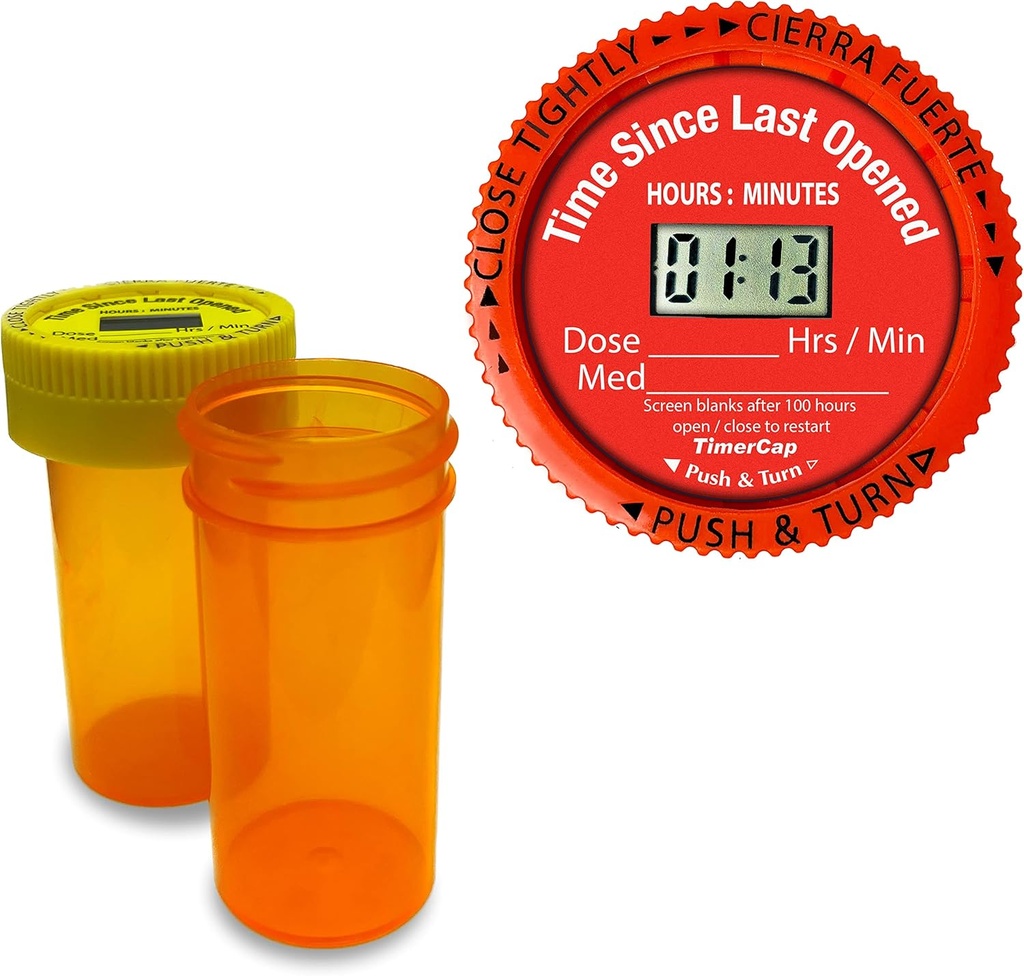 TimerCap Smart Pill Bottle Cap with Built-in Stopwatch - Medication Reminder Case (2-1.8 oz Amber Bottles) - Automatically Tracks Time Since Last Opened