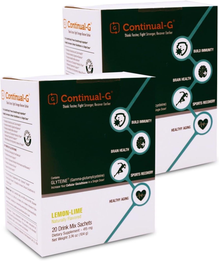 2 Packs of 20 Sachets CONTINUAL G Glyteine 415mg Powder - Glutathione Supplement for Antioxidant and Liver Health, Lemon Lime Flavor - 20 Days Supply