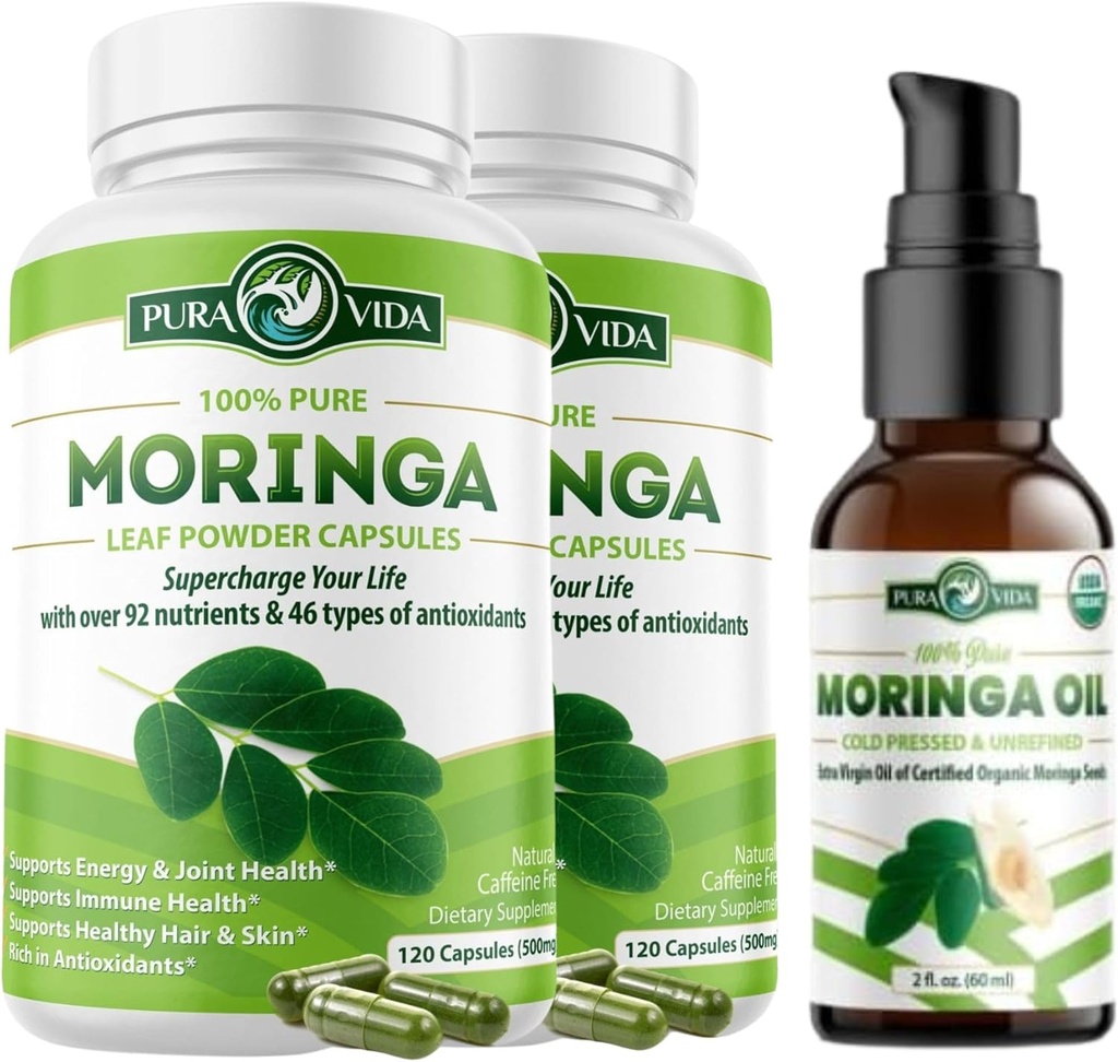 Organic Moringa Capsules 120ct. 500mg (2-Pack) with Moringa Oil 2fl oz - PURA VIDA MORINGA
