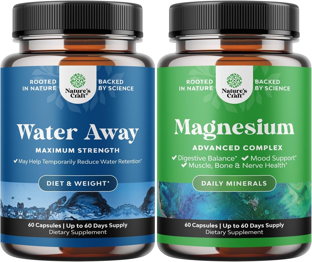 Water Away Pills Maximum Strength for Fast Bloating Relief + High Absorption Magnesium Complex Supplement