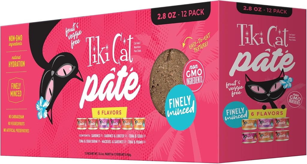 TIKI PETS Grill Pâté Cat Food Variety Pack - Real Flaked Fish - High-Protein & High-Moisture - 12 Pack of 2.8 oz. Cans