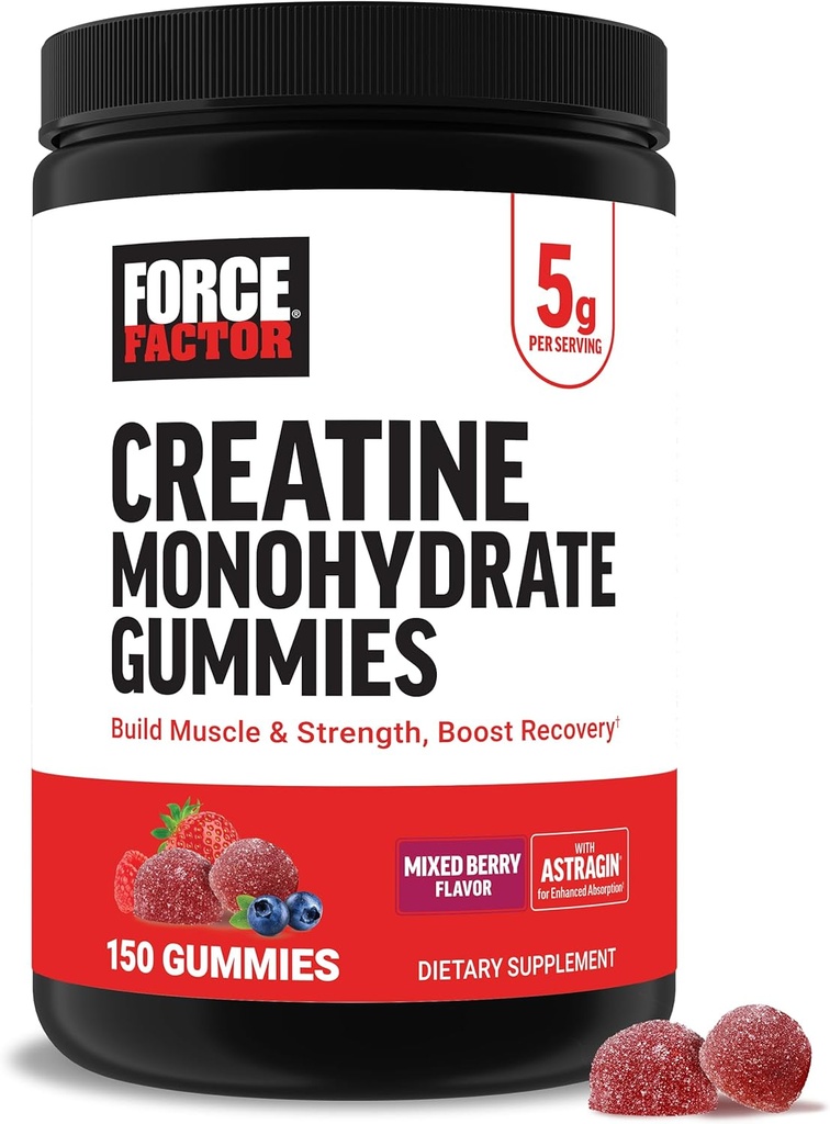 Mixed Berry Force Factor Creatine Gummies - Clinically Studied 5g Creatine Monohydrate for Muscle Gain, Strength, and Recovery, 30 Servings