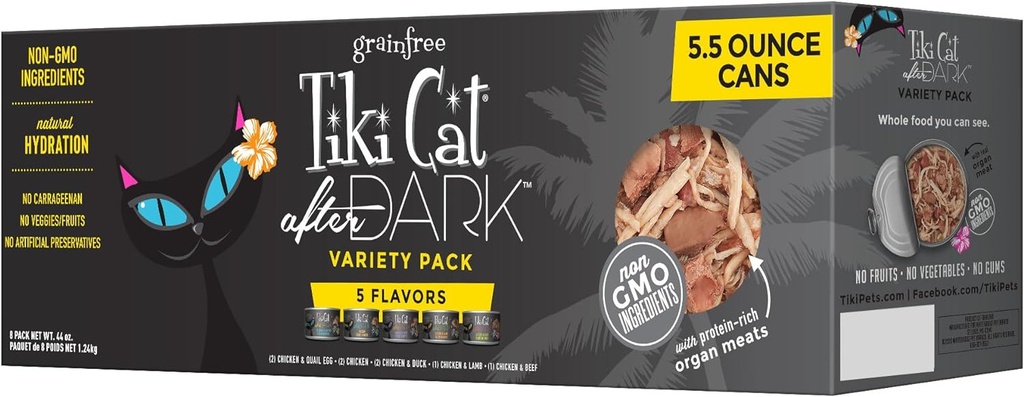 TIKI PETS Tiki Cat After Dark Variety Pack - High-Protein Non-GMO Wet Cat Food for Adult Cats - 5.5 oz Cans (8 Pack)