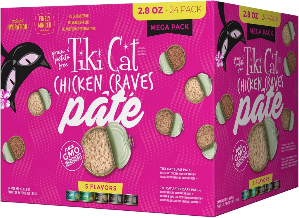 Tiki Pets Tiki Cat Chicken Craves Pate Variety Pack - 24 High Protein Chicken Meals, Wet Cat Food Mega Pack - 2.8oz Cans (Pack of 24)