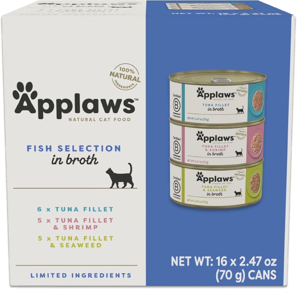 Applaws Fish Selection Variety Pack in Broth - Limited Ingredient Wet Cat Food Variety Pack with Natural Ingredients - 16 x 2.47oz Cans