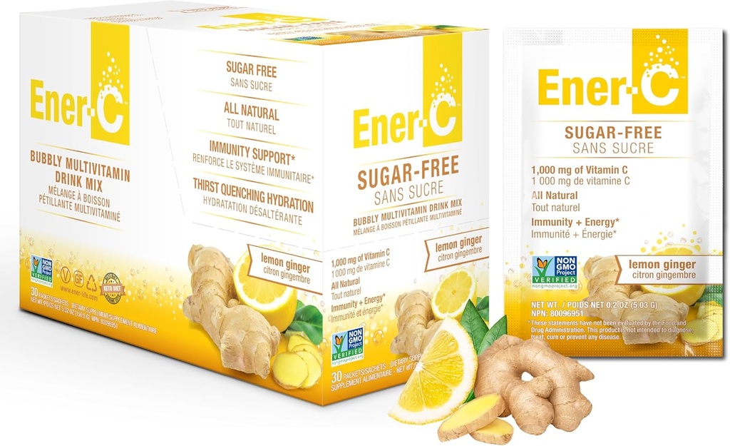 Sugar-Free Lemon Ginger Ener-C Drink Mix with 1000mg Vitamin C - Vegan, Non-GMO, Real Fruit Juice Powders - Natural Immunity Support and Electrolytes - Gluten-Free - 30 Pack