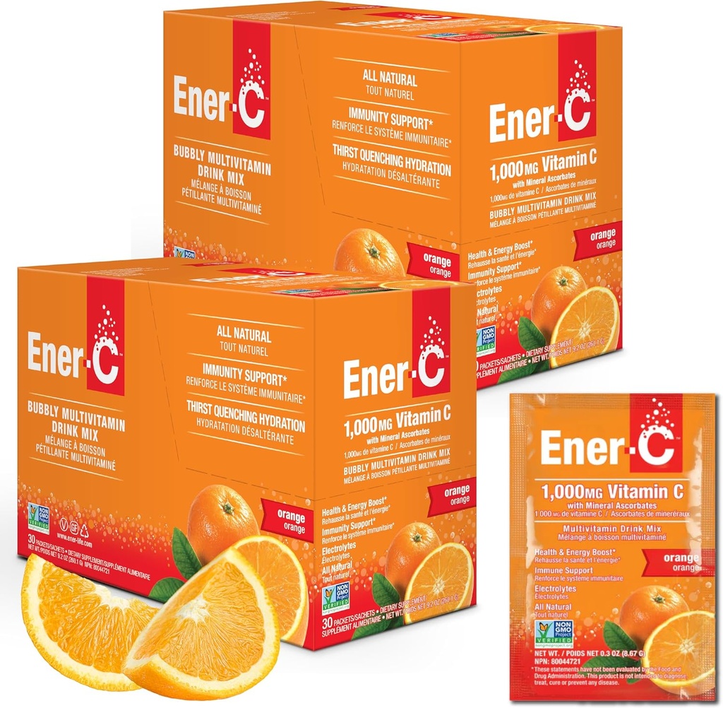 Ener-C Orange Multivitamin Drink Mix Powder - 1000mg Vitamin C & Electrolytes - Natural Energy & Immune Support - Non-GMO Vegan & Gluten Free - 60 Packets