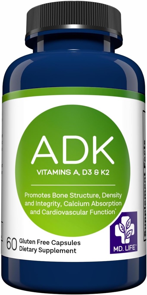 High Potency Vitamin ADK Supplement for Bone and Heart Health Support - Vitamin D3, K2, and A - 60 Capsules - MD.LIFE ADK Complex