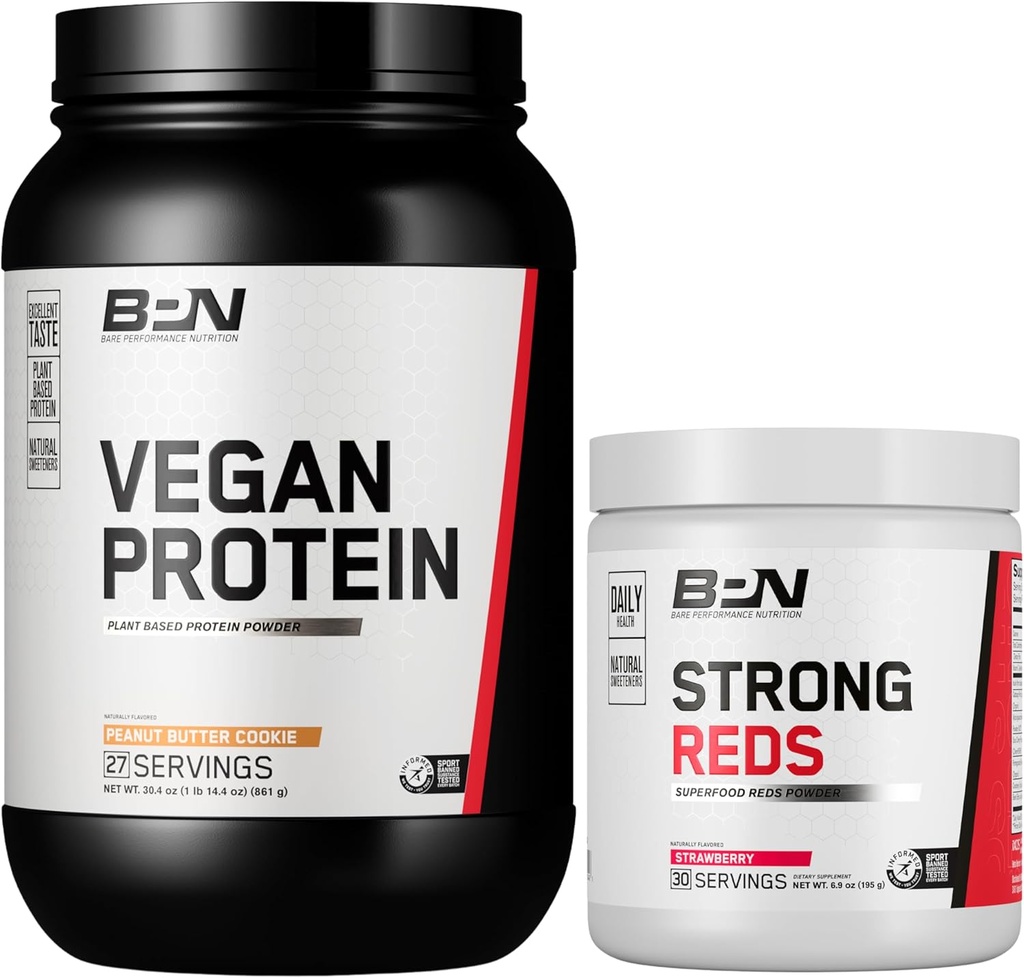 Vegan Peanut Butter Cookie Protein and Strong Reds Strawberry Bundle by BARE PERFORMANCE NUTRITION BPN