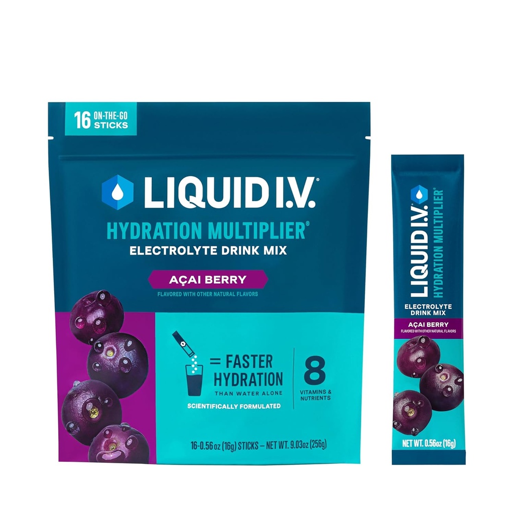 Liquid I.V.® Hydration Multiplier® Açaí Berry Powder Packets - Electrolyte Drink Mix Sticks - Non-GMO - 16 Servings (12 Pack)