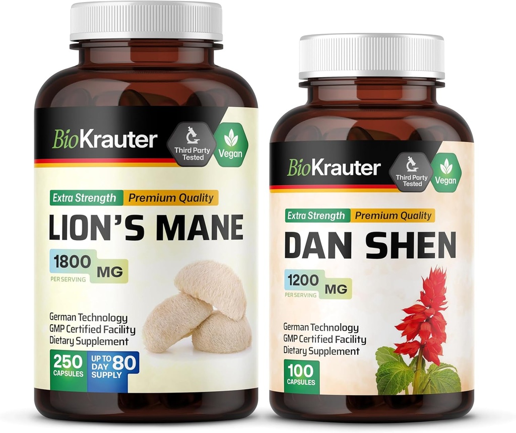 Organic Lion’s Mane and Dan Shen Capsules - 250 Capsules Lion’s Mane, 100 Capsules Dan Shen - Herbal Supplement for Immune Support and Cardiovascular Health