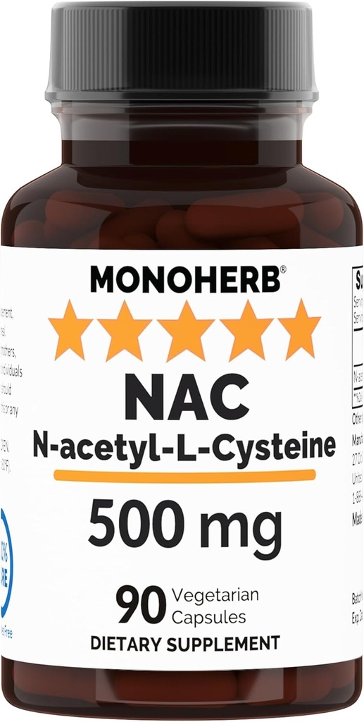NAC 500mg Veg Capsules - Monoherb N-Acetyl-L-Cysteine Supplement - 90 Count