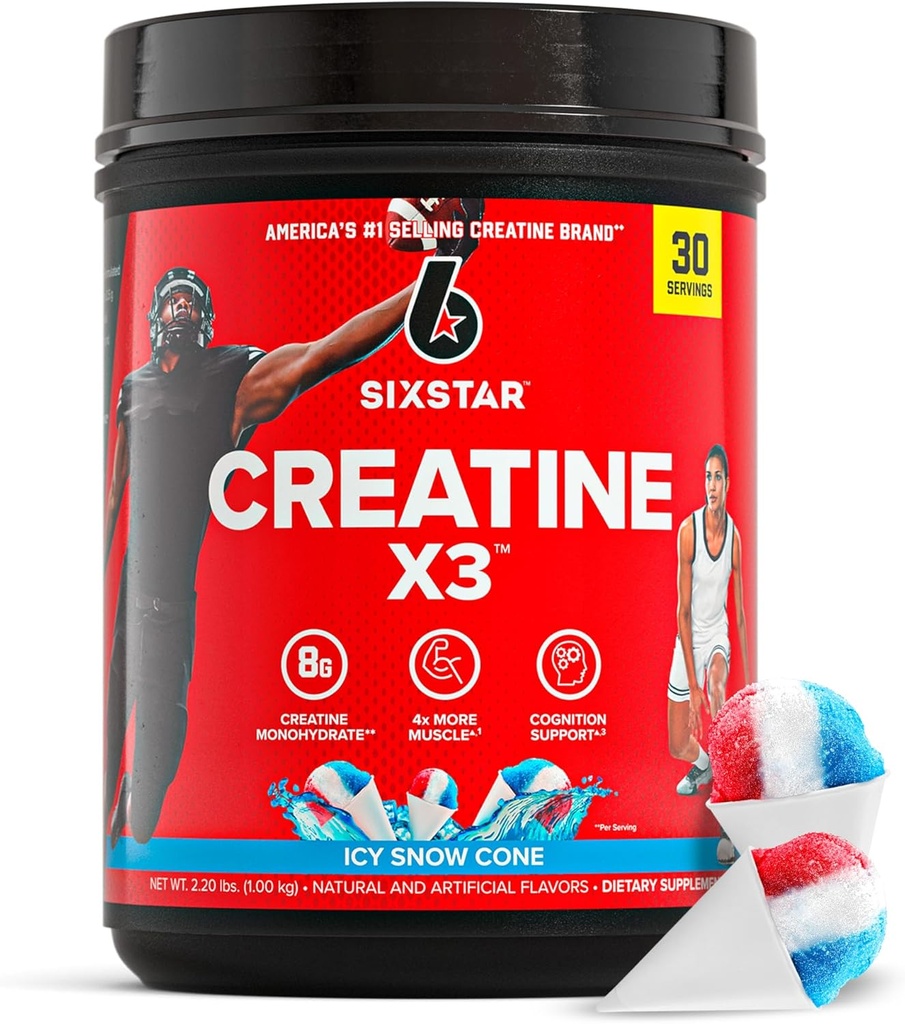 Six Star Creatine Monohydrate Powder X3 ICY Snow Cone Flavor - Muscle Building Performance Supplement for Men and Women - 30 Servings