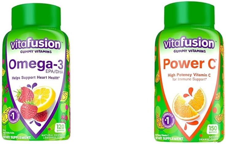 Omega-3 Berry Lemonade Gummies 120 Count + Vitamin C Orange Gummies 150 Count for Heart Health & Immune Support