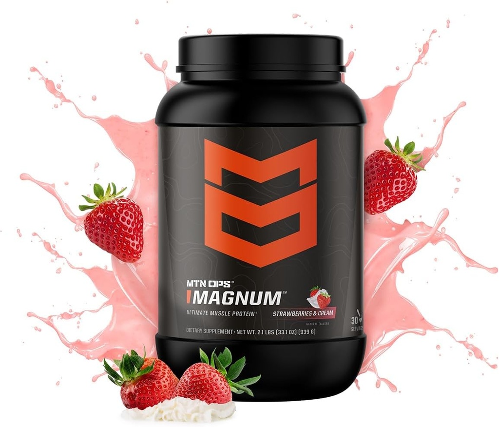 MTN OPS Magnum Strawberries & Cream Protein Powder - 30 Servings, 23g Whey Isolate Protein, BCAAs, Zero Sugar, Gluten-Free