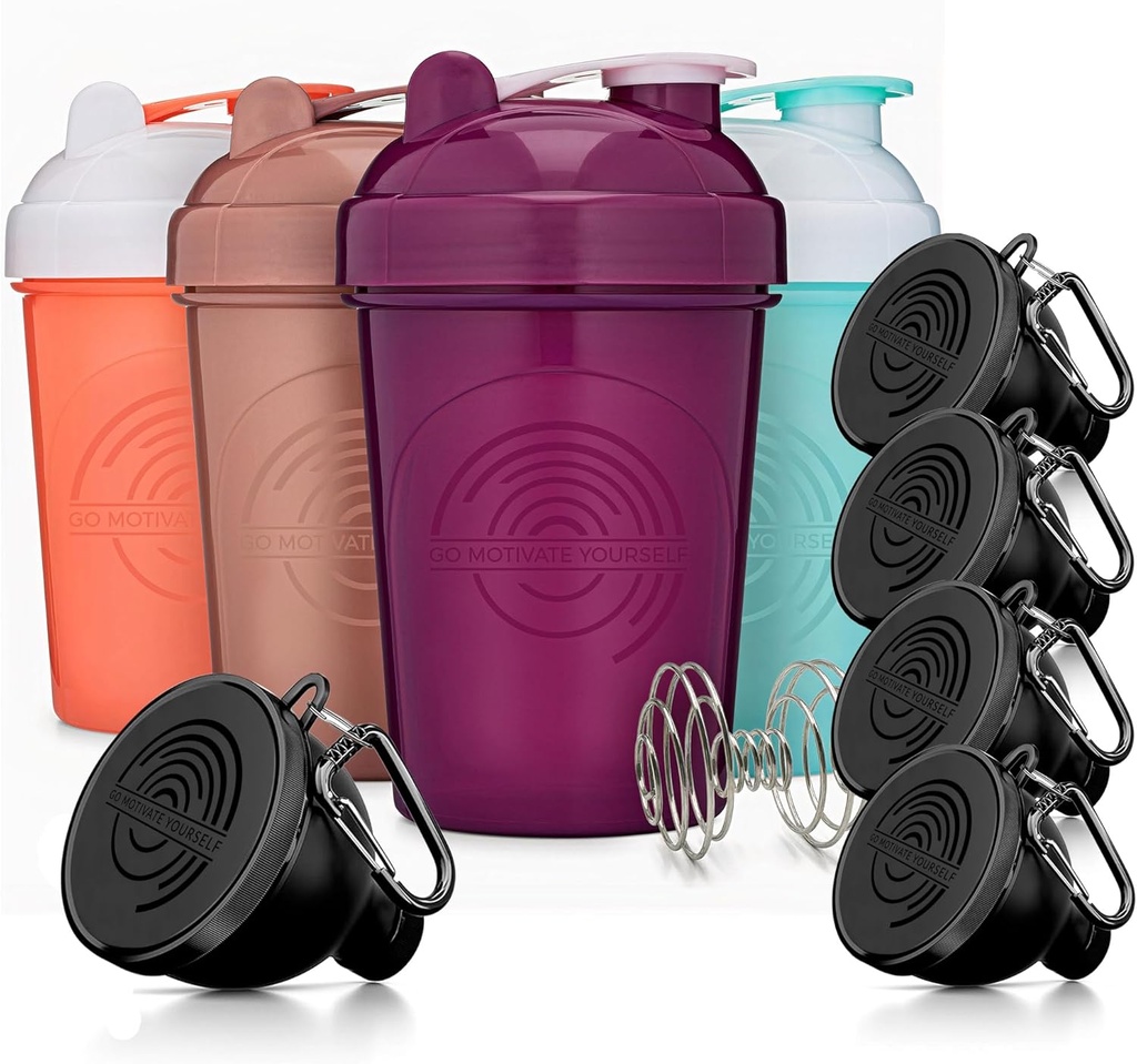 Set of 4 GOMOYO Shaker Bottles with Agitator + 5 Protein Funnels with Carabiner - BPA-Free & Dishwasher Safe