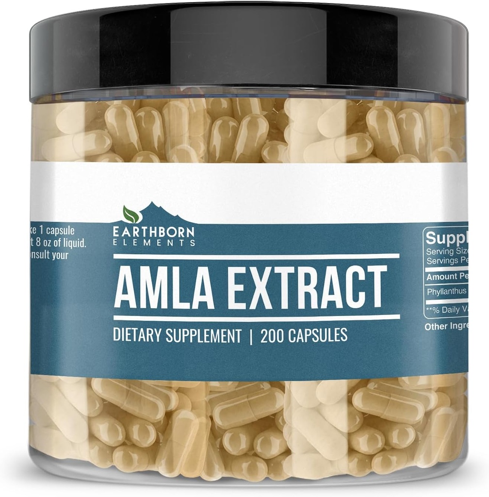 Pure Amla Extract Capsules - 200 Count, Undiluted & Additive-Free by Earthborn Elements