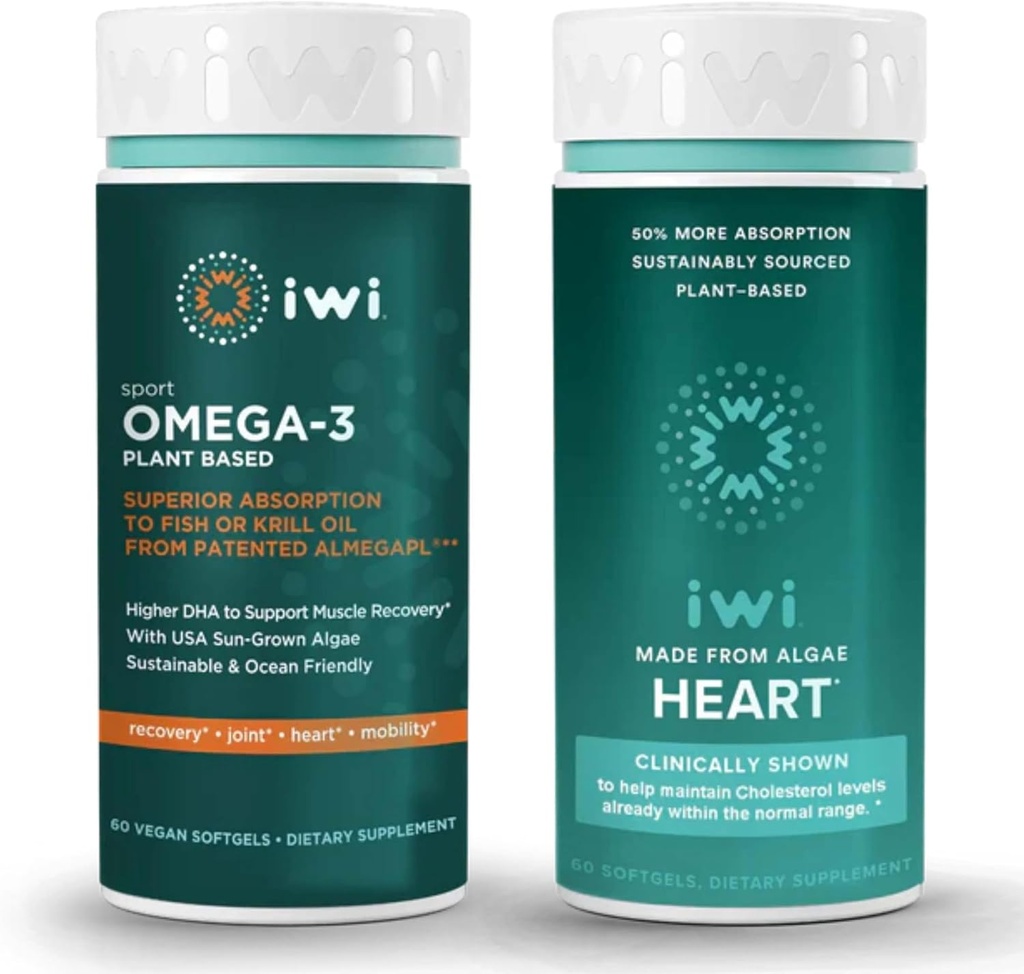 Plant-Based Omega-3 Bundle for Sport & Heart Health, 30 Servings, Vegan Algae Alternative to Krill & Fish Oil, No Fishy Aftertaste