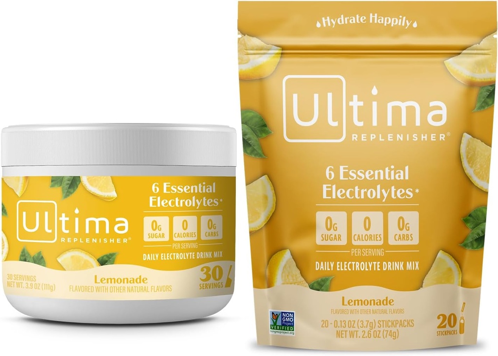 Ultima Replenisher Lemonade Electrolyte Powder Drink Mix Bundle - 30 Servings Canister + 20 Stickpacks - Keto Friendly, Vegan, Non-GMO, Sugar-Free - 6 Electrolytes & Minerals