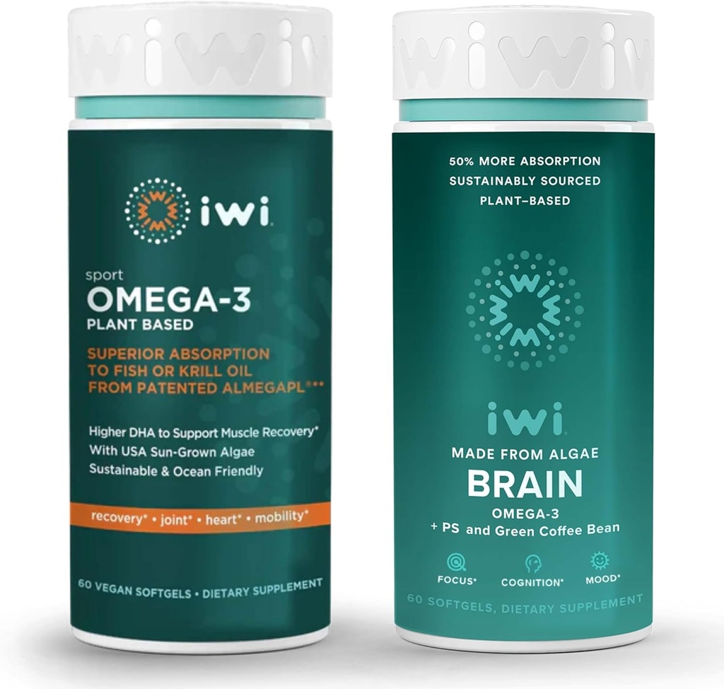 Vegan Omega-3 Bundle for Sports & Brain Health, 30 Servings, Plant-Based Algae with EPA + DHA, Fish Oil Alternative