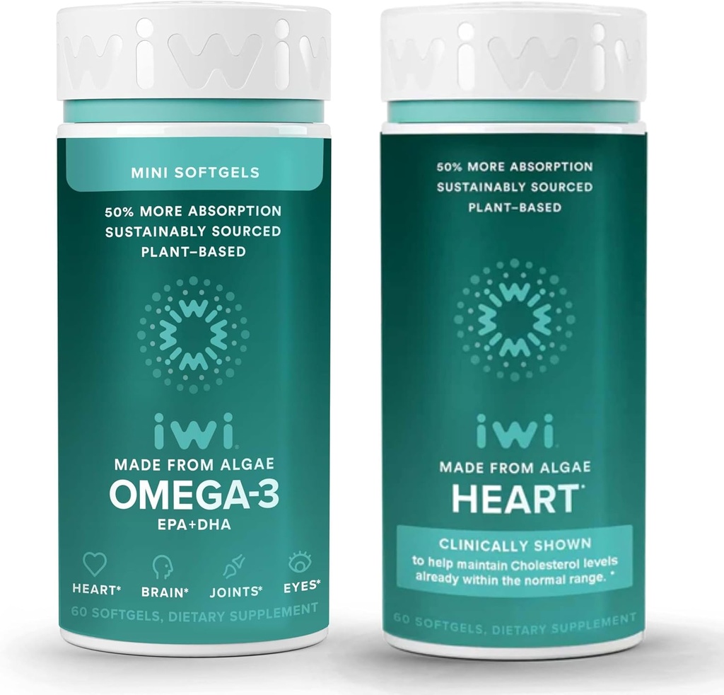 Vegan Plant-Based Algae Omega-3 Minis & Heart Bundle - 30 Servings, Krill & Fish Oil Alternative, No Fishy Aftertaste