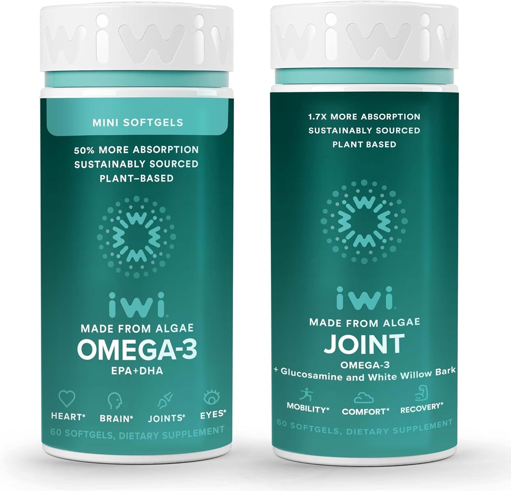 Vegan Plant-Based Algae Omega-3 Bundle with No Fishy Aftertaste, 30 Servings - Krill & Fish Oil Alternative for Joint Health
