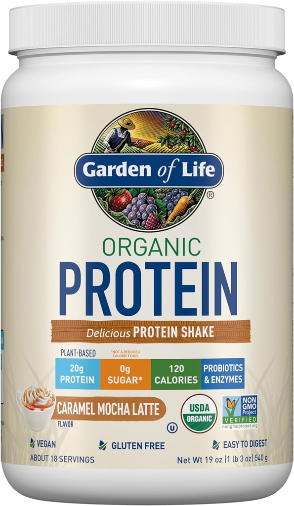 Vegan Protein Powder - Caramel Mocha Latte Flavor - 20g Plant Protein with BCAAs, Probiotics, Digestive Enzymes - Gluten-Free, Non-GMO - Garden of Life