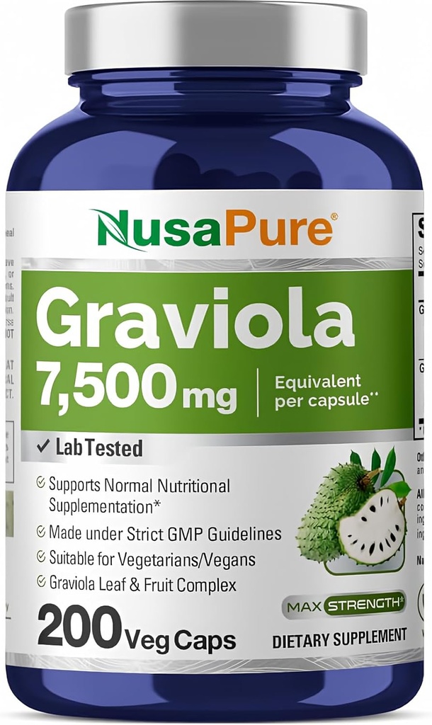 High Potency Graviola Extract Capsules - 200 Count, 7,500mg Equivalent, Non-GMO, 20:1 Extract Ratio, Vegetarian/Vegan Friendly