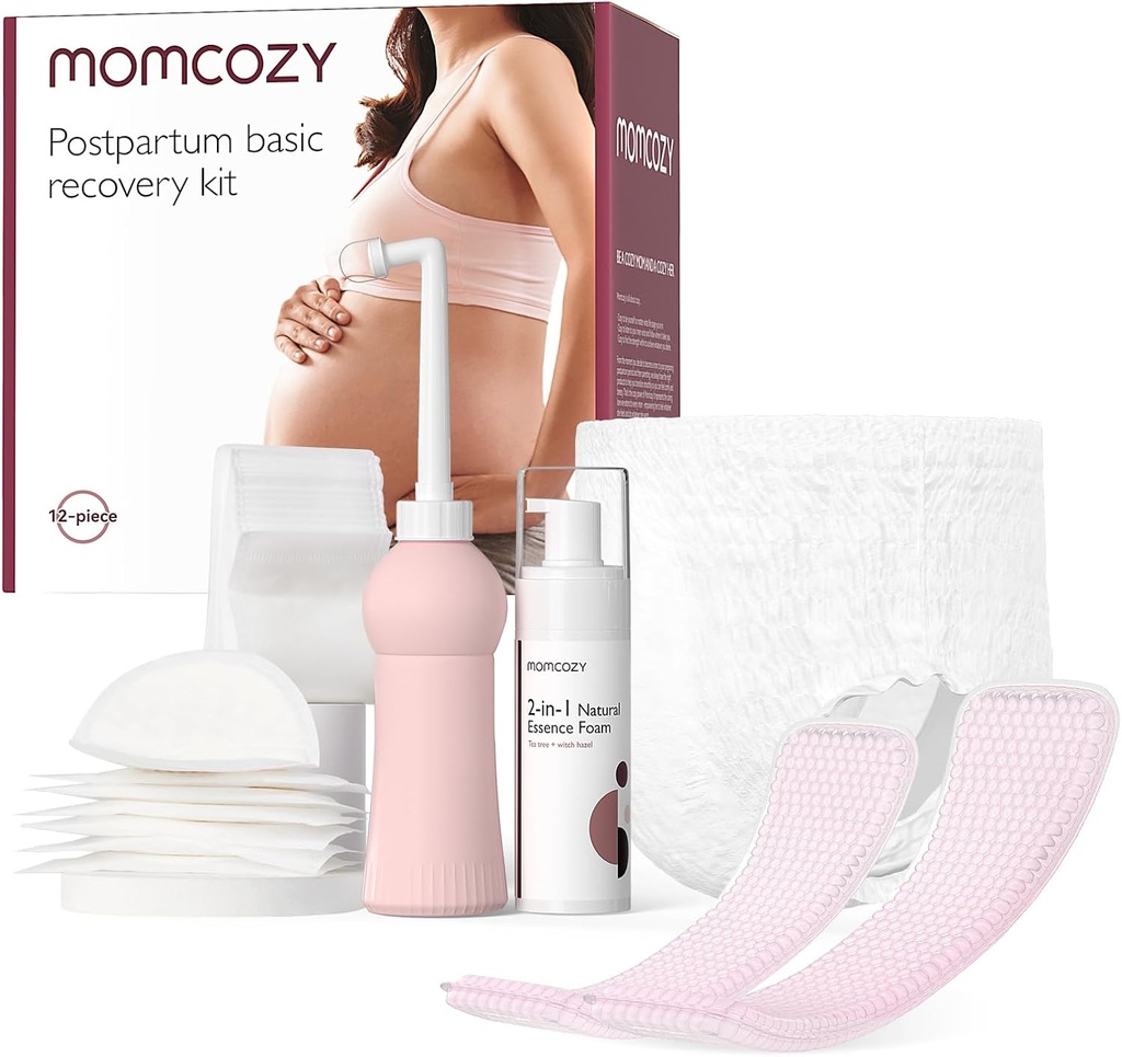 Postpartum Recovery Essentials Kit with Disposable Underwear, Nursing Pads, Peri Bottle, Cold Pads, Cooling Foam, Canvas Bag - Momcozy Labor Delivery Mom Care Set