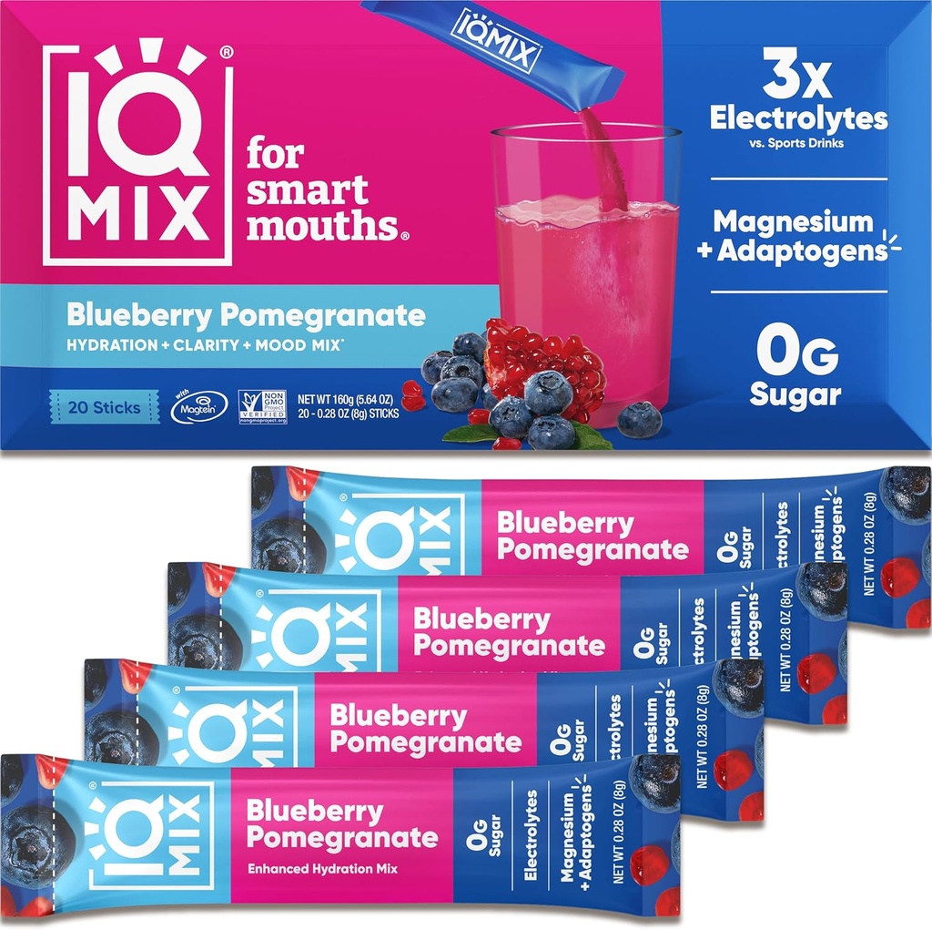 IQBAR IQMIX Electrolyte Powder Packets - Sugar Free Hydration Supplement with Keto Electrolytes, Lions Mane, Magnesium, and Potassium - Blueberry Pomegranate Flavor (20 Pack)