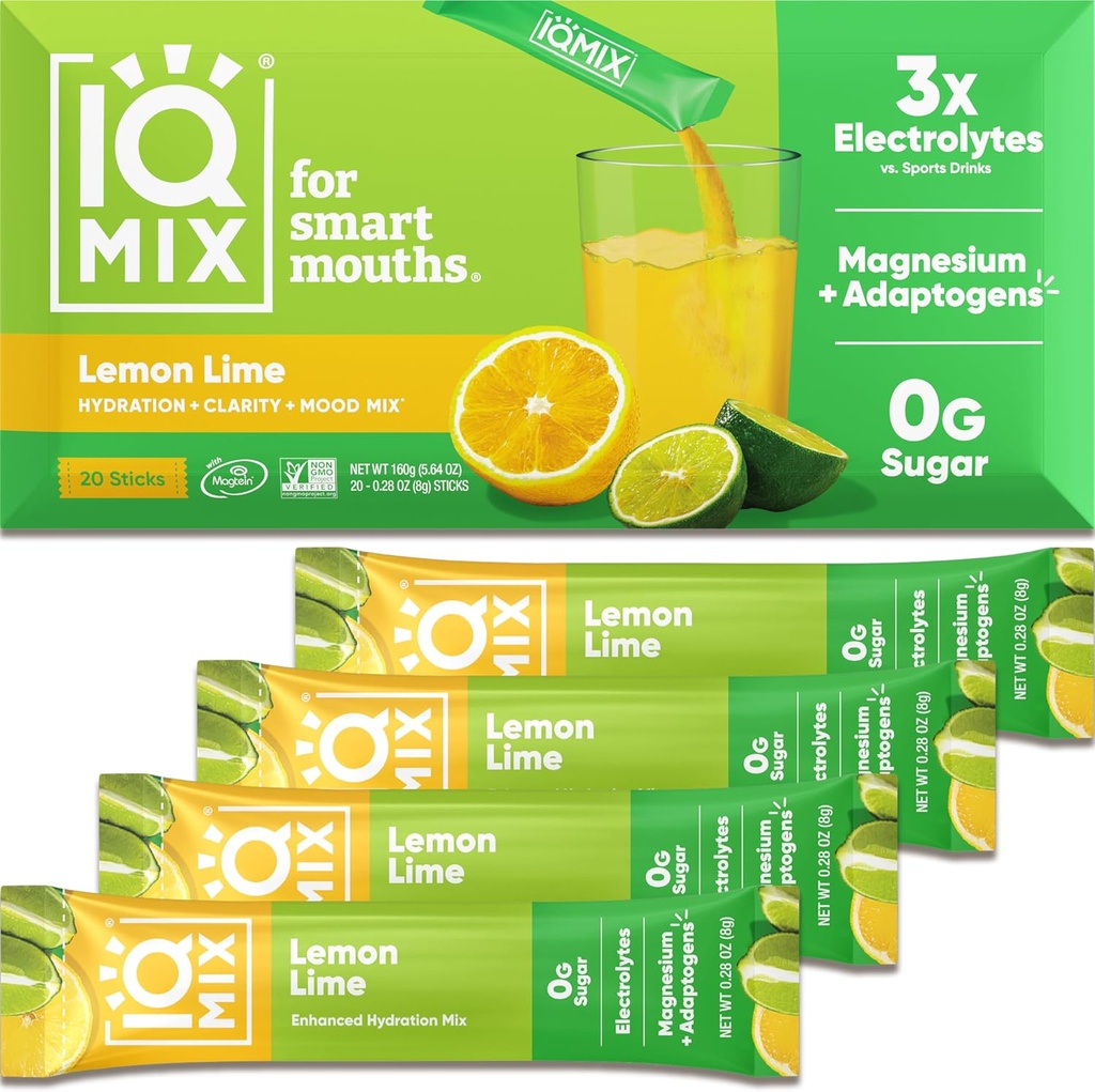 IQBAR IQMIX Electrolyte Powder Packets - Sugar Free Hydration Drink Mix with Keto Electrolytes, Lions Mane, Magnesium, and Potassium - Lemon Lime Flavor (20 Pack)