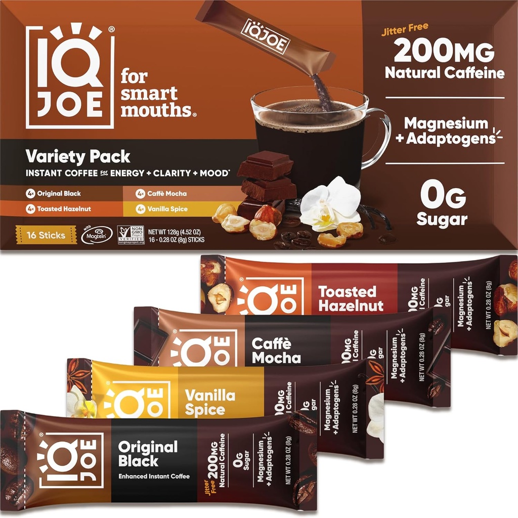 IQBAR IQJOE Instant Mushroom Coffee Packets - Variety Pack with Lion’s Mane and Magtein Magnesium L-Threonate - Clarity and Mood Enhancing - Sugar Free, Keto, Vegan - 200mg Natural Caffeine - 16 Count