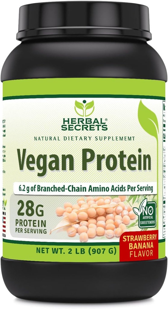 Herbal Secrets Vegan Protein Powder - 28g Protein, 23 Servings, 6.2g BCAA Supplement - Made in USA - Strawberry Banana Flavor - 2lb Pack