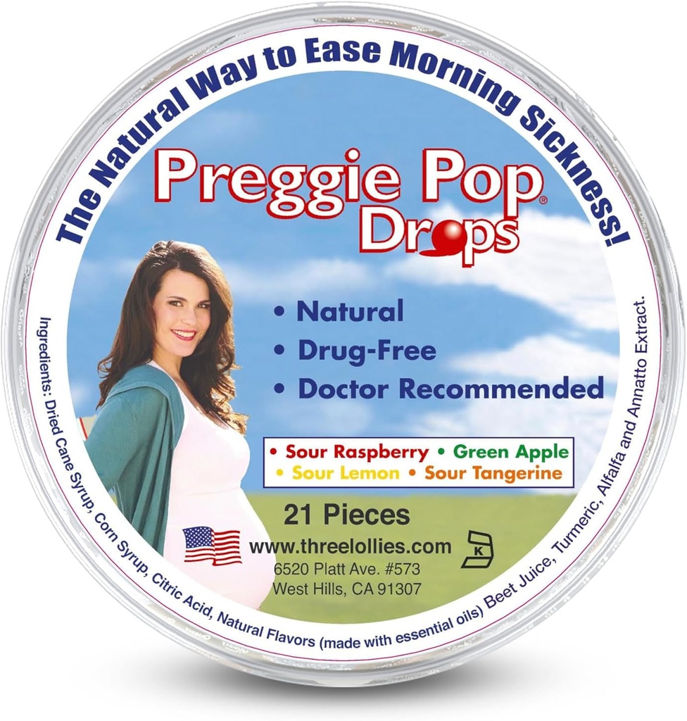 Three Lollies Preggie Drops - Natural Morning Sickness Relief Lozenges with Essential Oils - 21 Count Box - 4 Flavors Available