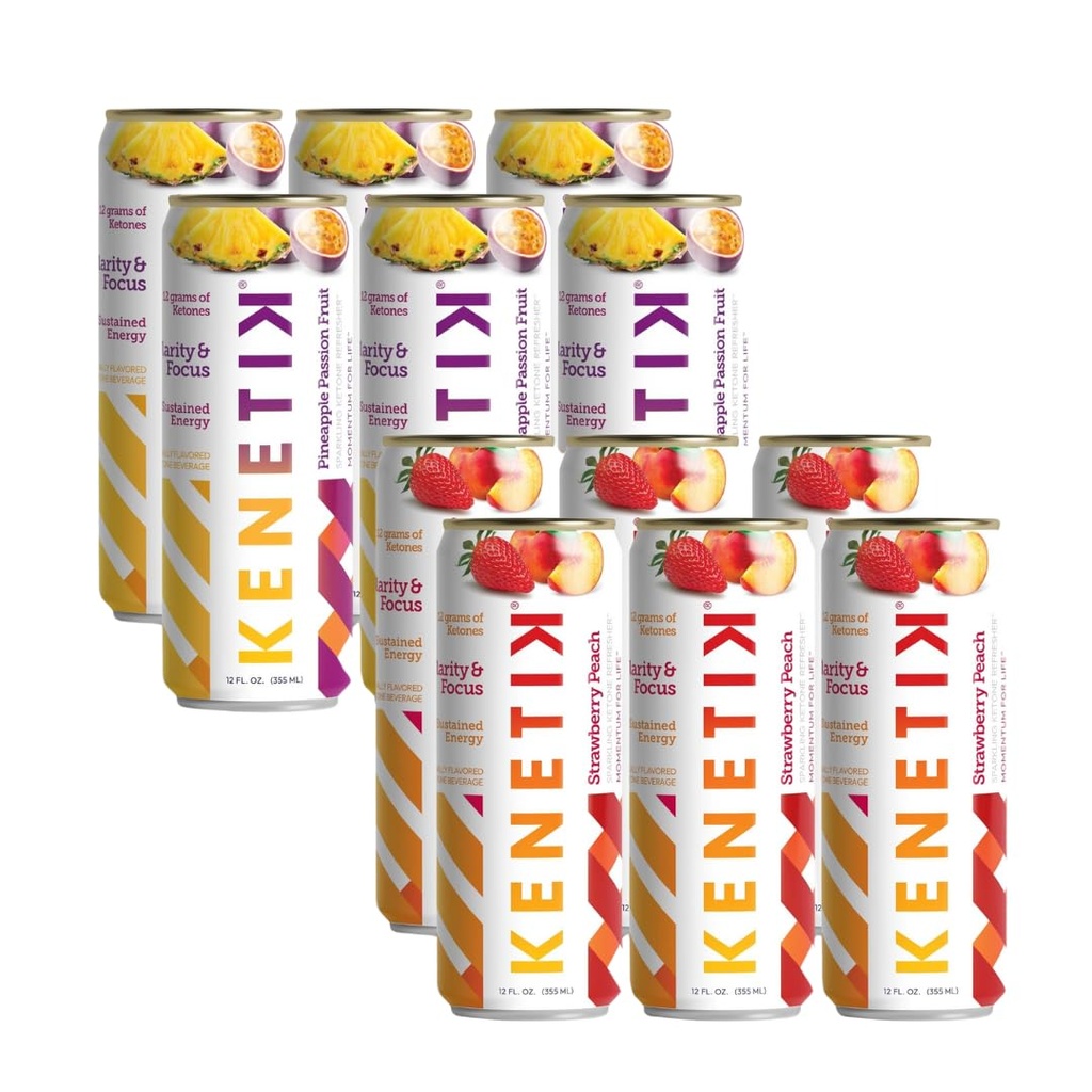 High Performance Nootropic Ketone Drink Bundle, D-BHB Ketones for Energy & Focus, Caffeine & Sugar Free, Pineapple Passionfruit & Strawberry Peach Flavors, Ready to Drink 12 Pack