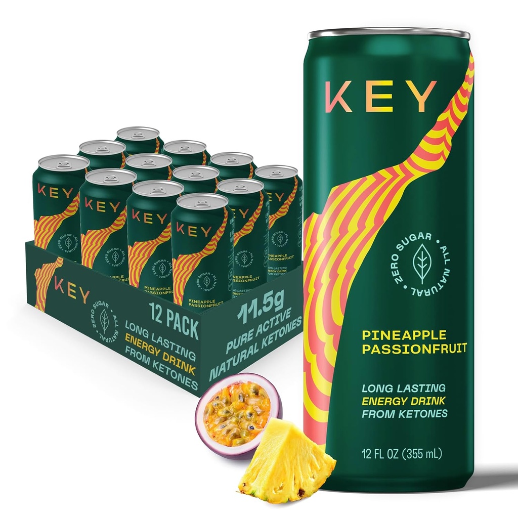Sugar-Free KEY Ketone Energy Drink with 80mg Low Caffeine, 11.5g Ketones, Green Tea & L-Theanine for Long-Lasting Energy and Mental Focus - Pineapple Passionfruit Flavor (Pack of 12)