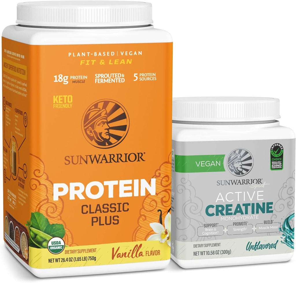 Plant-Based Sunwarrior Vanilla Protein Powder with 30 Servings and Creatine Monohydrate Powder with 60 Servings for Muscle Support