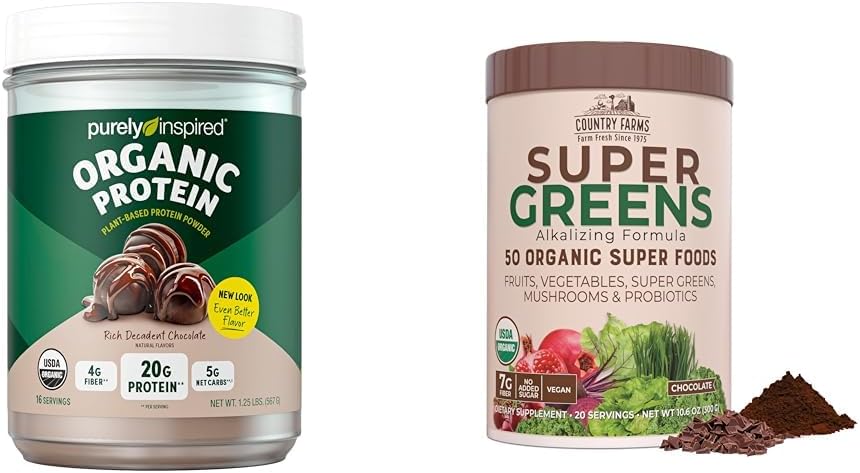 Bundle Deal: Organic Protein Powder & Super Greens Drink Mix (16+20 Servings) by Purely Inspired & Country Farms