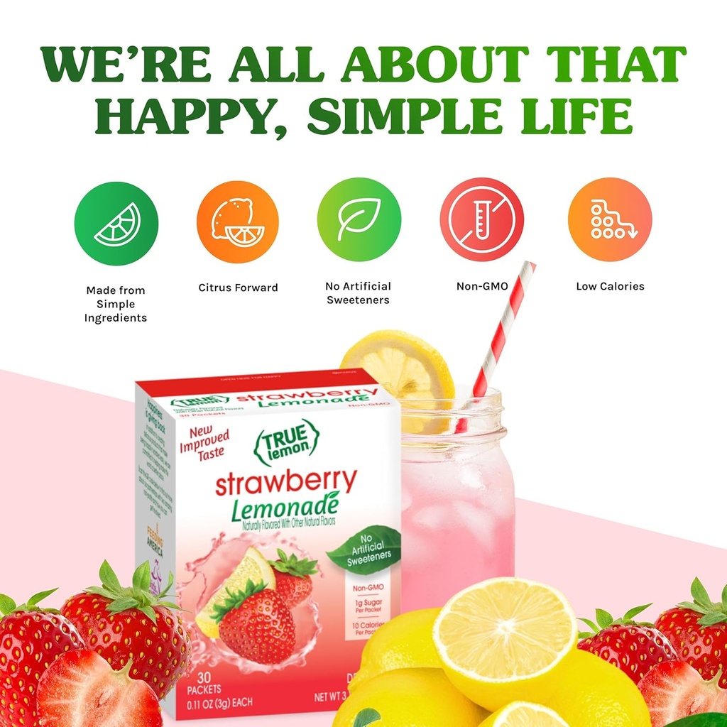True Citrus Strawberry Lemonade Water Enhancer Drink Mix - 30 Count, Low Calorie Powdered Mix Packets with Stevia for Flavorful Water