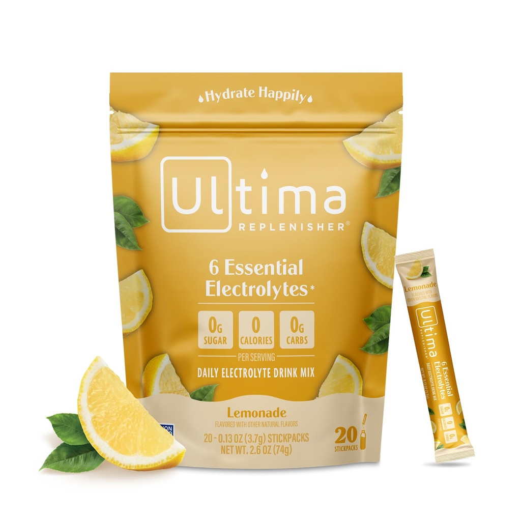 Ultima Replenisher Lemonade Electrolyte Powder Drink Mix - 20 Stickpacks - Hydration Packets with 6 Electrolytes and Trace Minerals - Keto, Vegan, Non-GMO, Sugar-Free - Daily Hydration