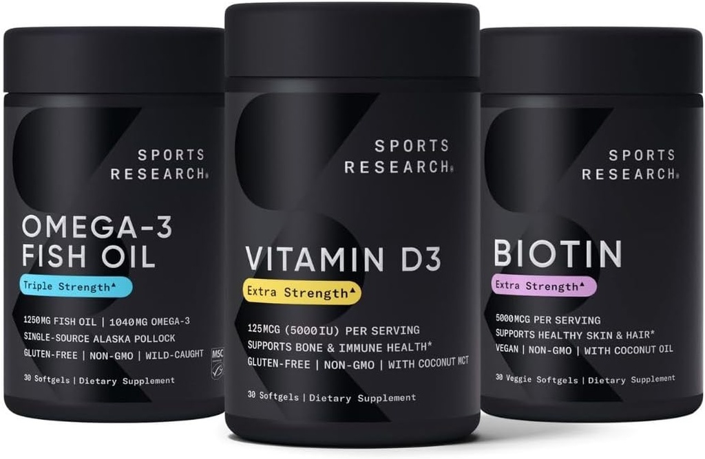 High Strength Omega-3 Fish Oil with Vitamin D3, MCT Oil, and Biotin - 30 Softgels - Wild Alaska Pollock - Burpless Formula - Vegan Friendly