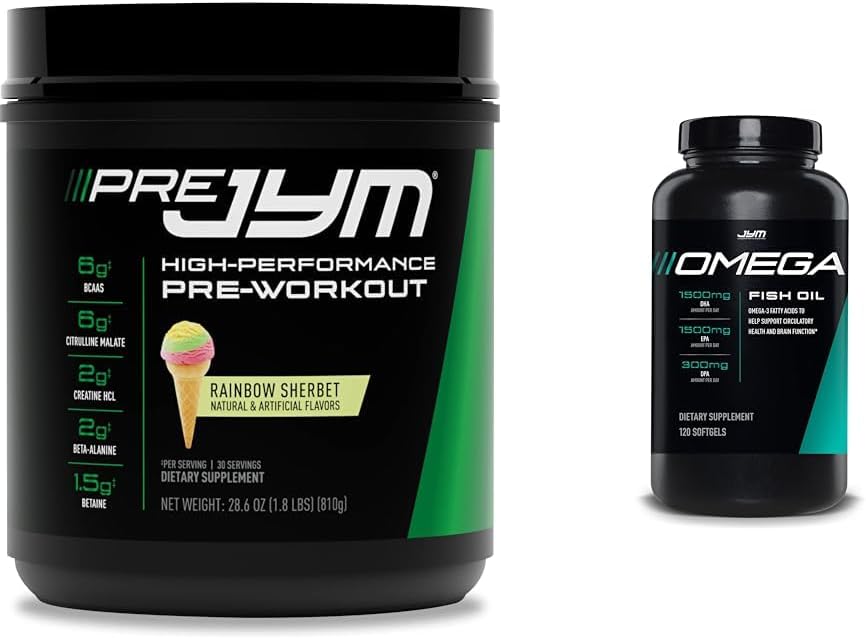 JYM Supplement Science Pre Jym Rainbow Sherbet & Omega JYM Fish Oil Bundle - 30 Servings and 120 Softgels