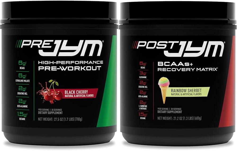 PRE JYM Black Cherry & Post JYM Rainbow Sherbert Muscle Recovery Drink Set - 30 Servings, Post-Workout Supplement Science