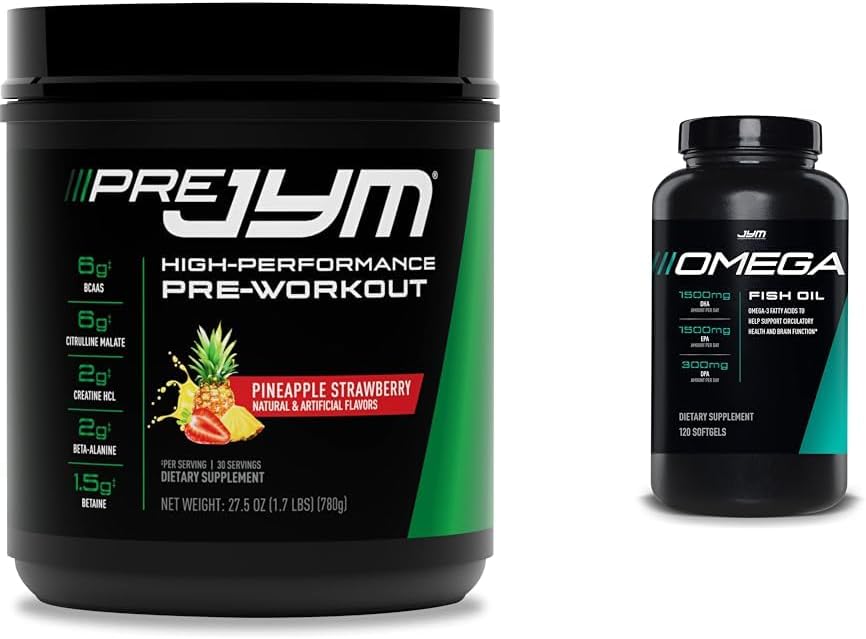 PRE JYM Pineapple Strawberry & Omega JYM Fish Oil Bundle - 30 Servings + 120 Softgels